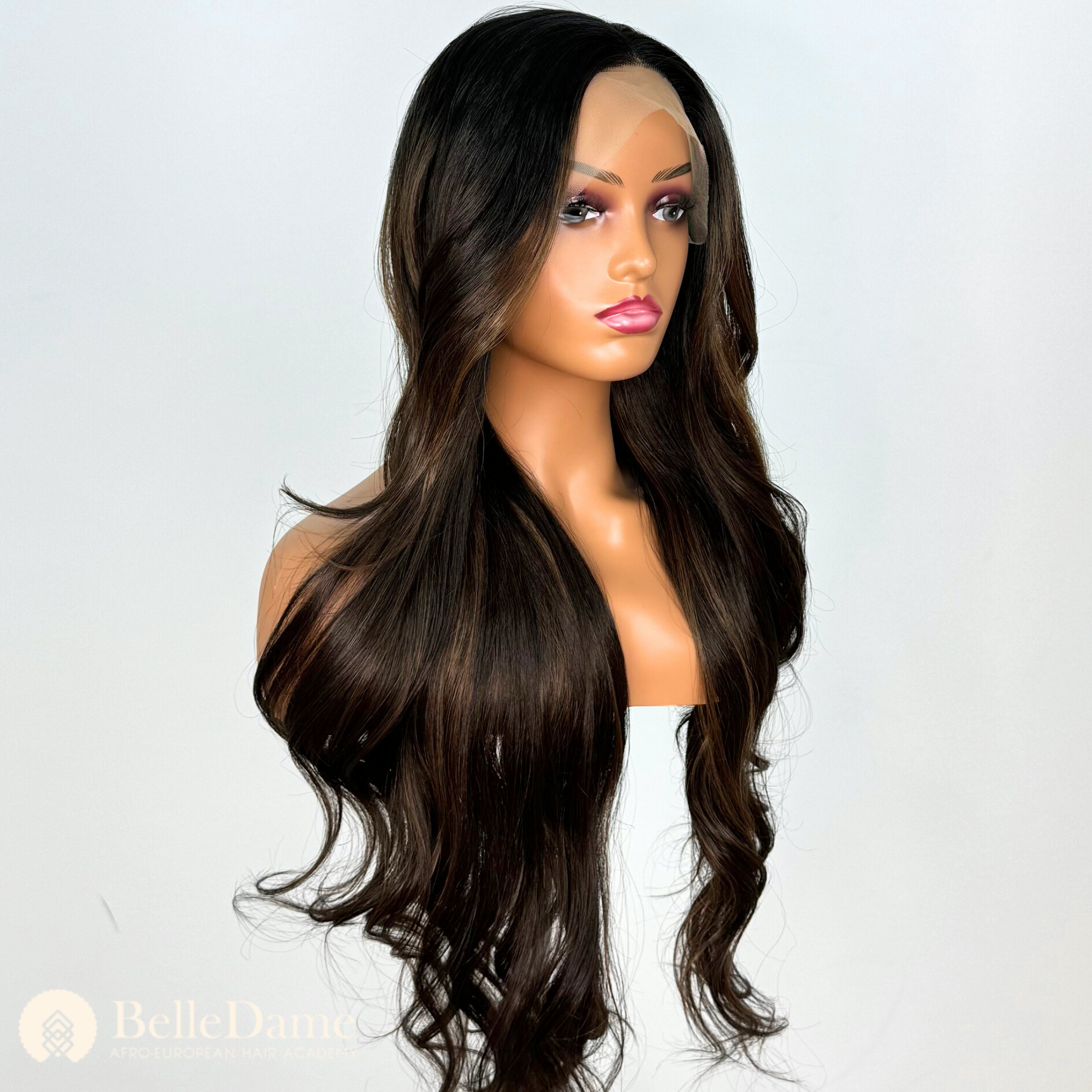 S24 - Peluca Seminatural Castaño oscuro chocolate con Mechas, Frontal de Oreja a Oreja, Raya Libre