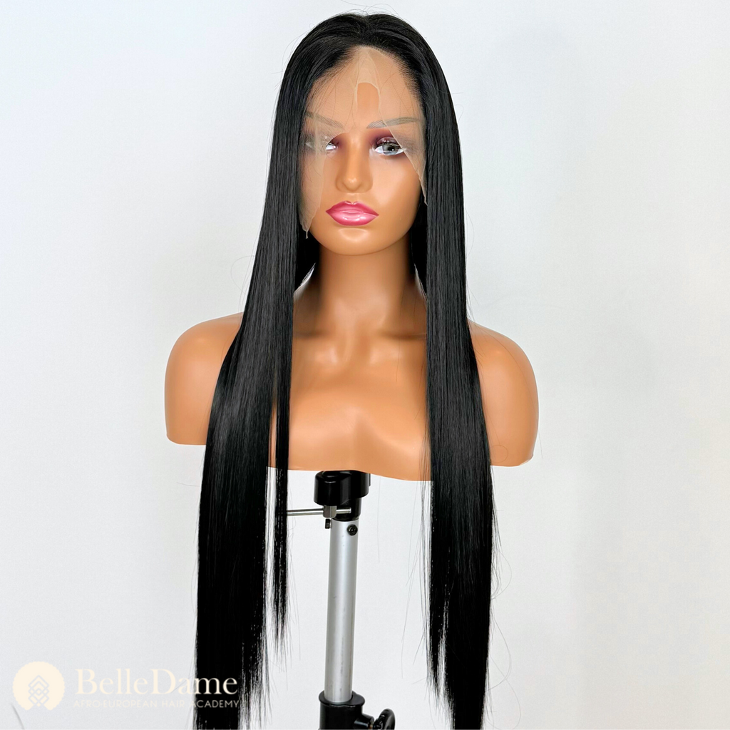 S40 - Peluca Seminatural Lisa Negra, con frontal de oreja a oreja patida raya libre