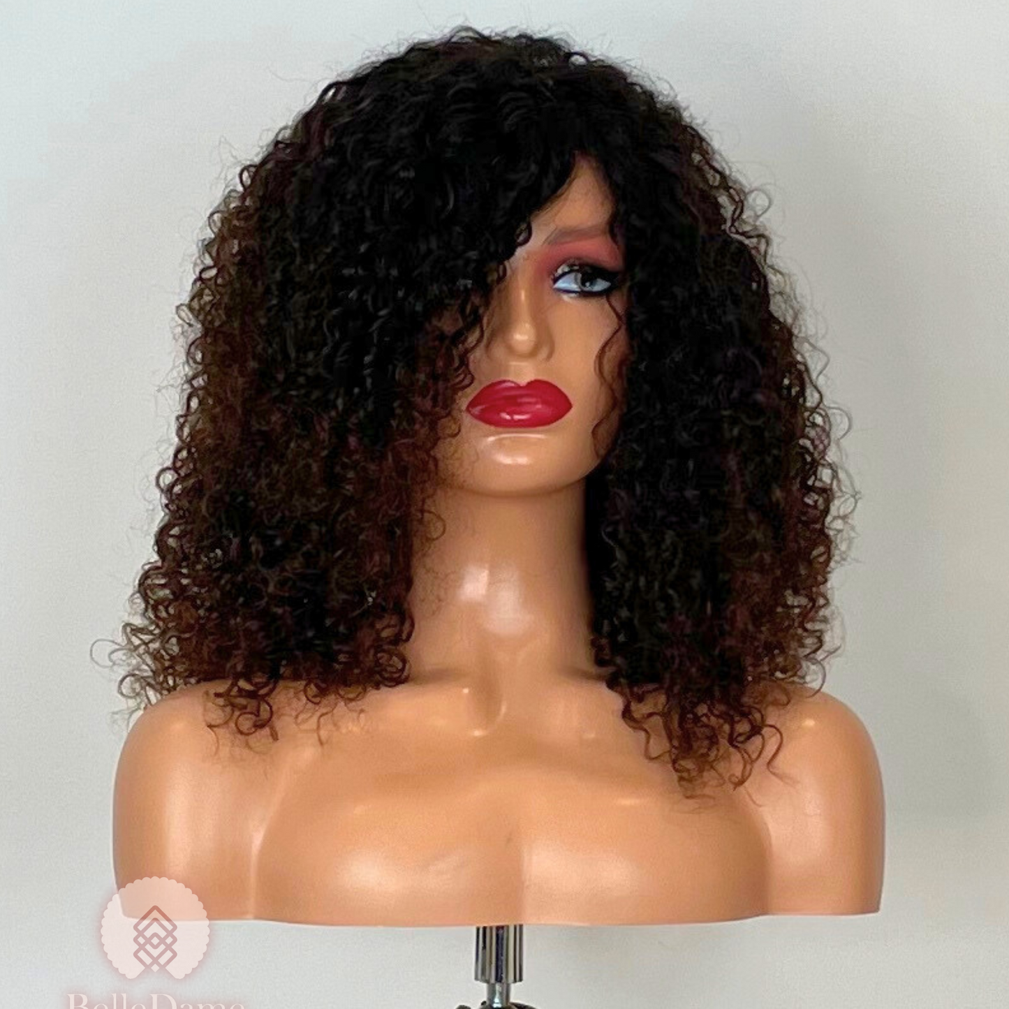 N20 - Peluca 100% Pelo Natural Castaño Oscuro con mechas cobre suave rizada de Ceja a Ceja