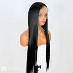 S40 - Peluca Seminatural Lisa Negra, con frontal de oreja a oreja patida raya libre
