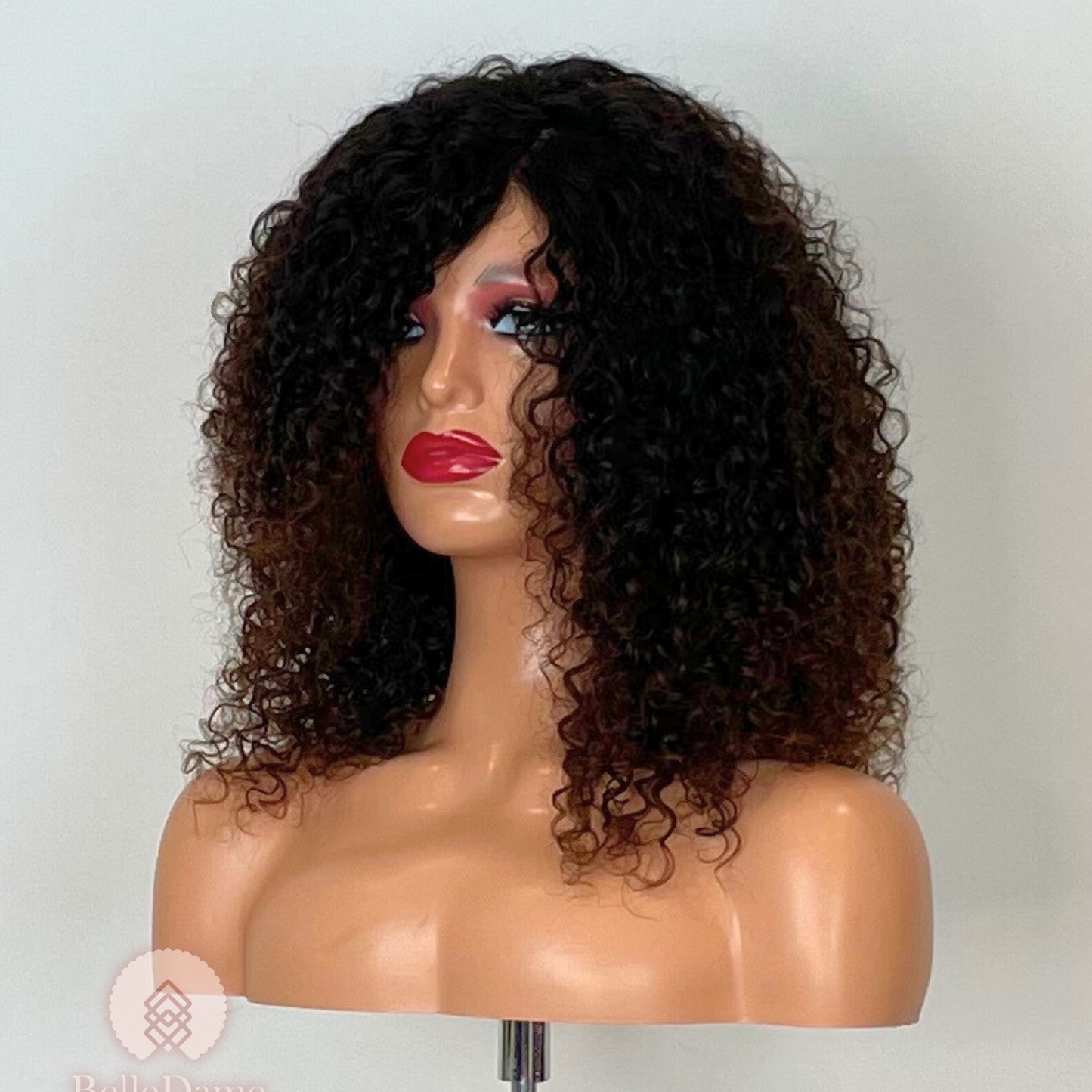 N20 - Peluca 100% Pelo Natural Castaño Oscuro con mechas cobre suave rizada de Ceja a Ceja