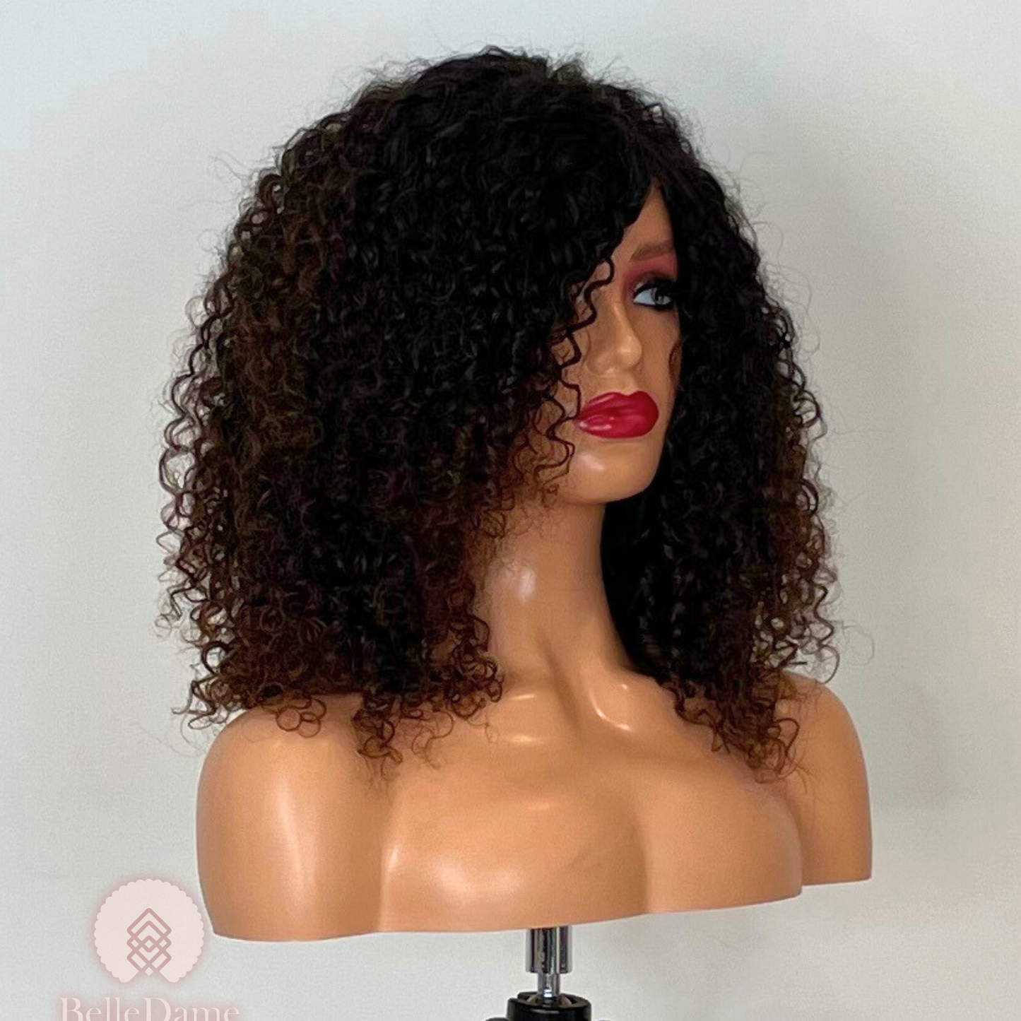 N20 - Peluca 100% Pelo Natural Castaño Oscuro con mechas cobre suave rizada de Ceja a Ceja