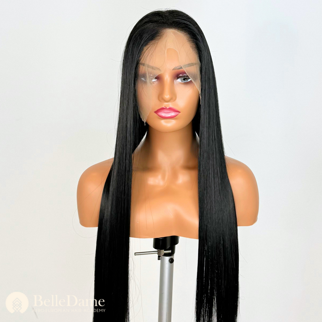 S40 - Peluca Seminatural Lisa Negra, con frontal de oreja a oreja patida raya libre