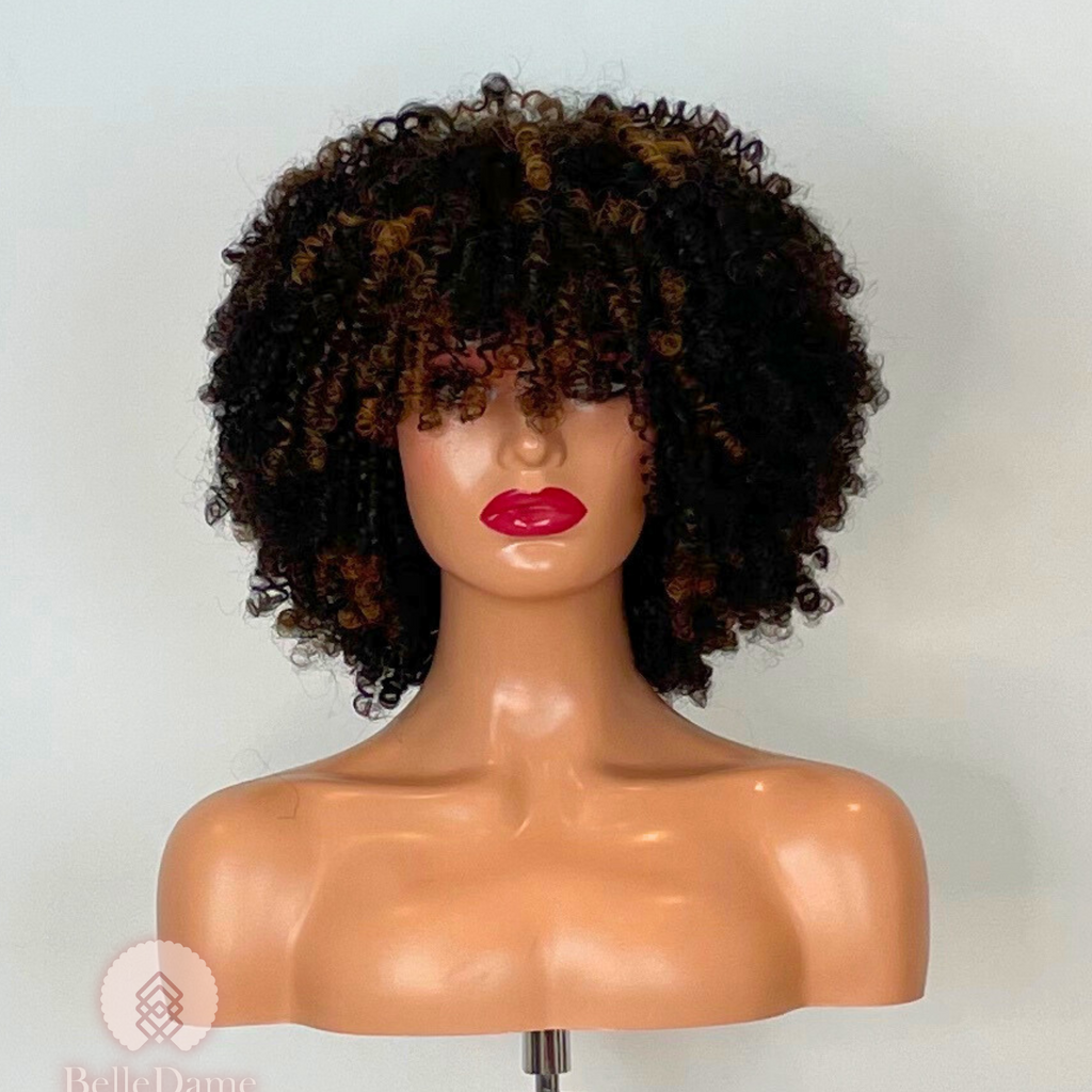 N21 - Peluca 100% Pelo Natural Rizada Castaño oscuro con mechas con Flequillo
