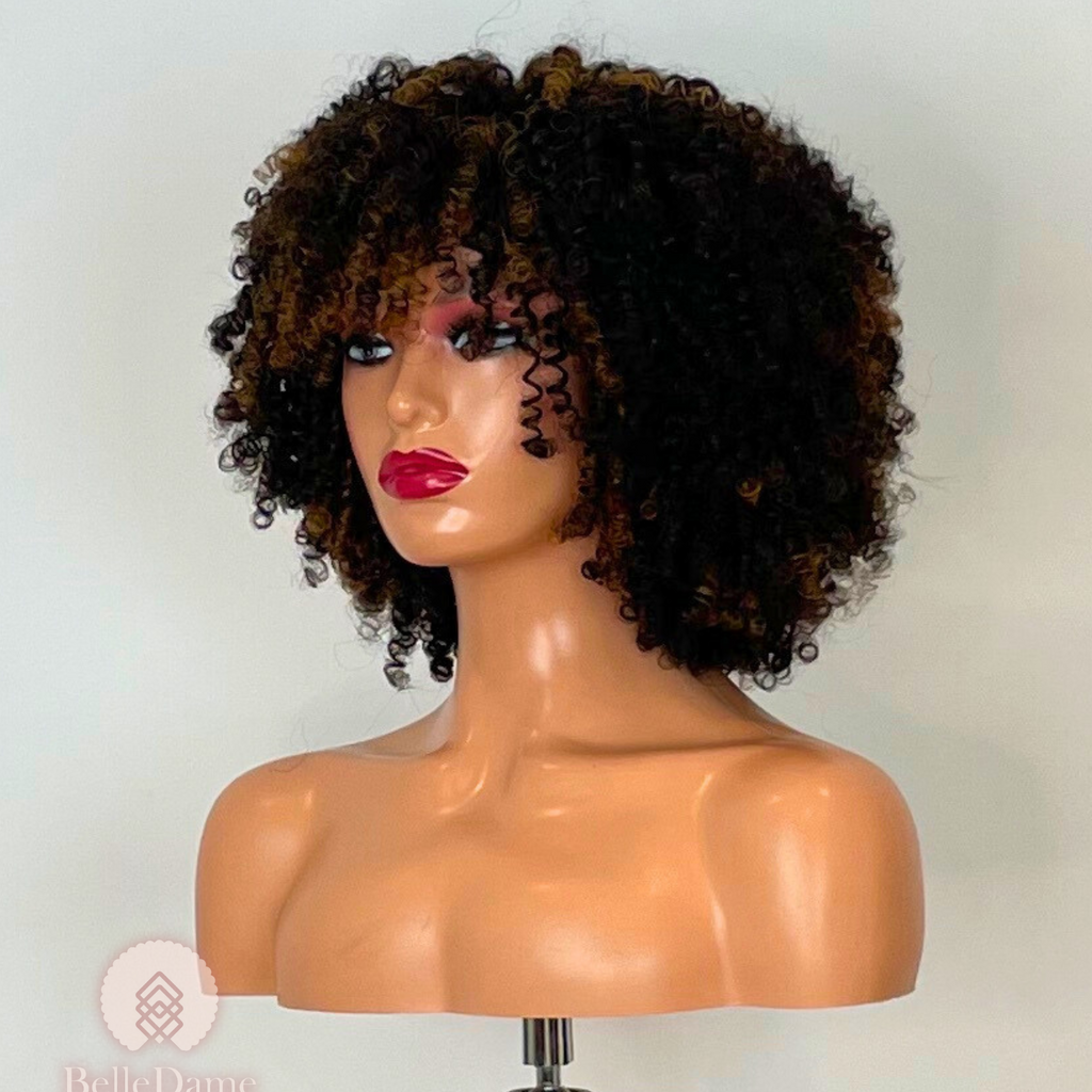 N21 - Peluca 100% Pelo Natural Rizada Castaño oscuro con mechas con Flequillo